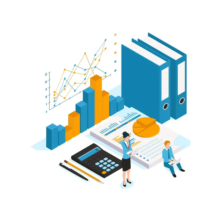 Illustration of a bookkeeper and a client reviewing charts, ledgers and files together.