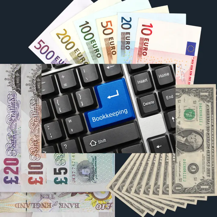 A computer keyboard with a key labelled Bookkeeping, surrounded by euro, sterling and dollar banknotes.